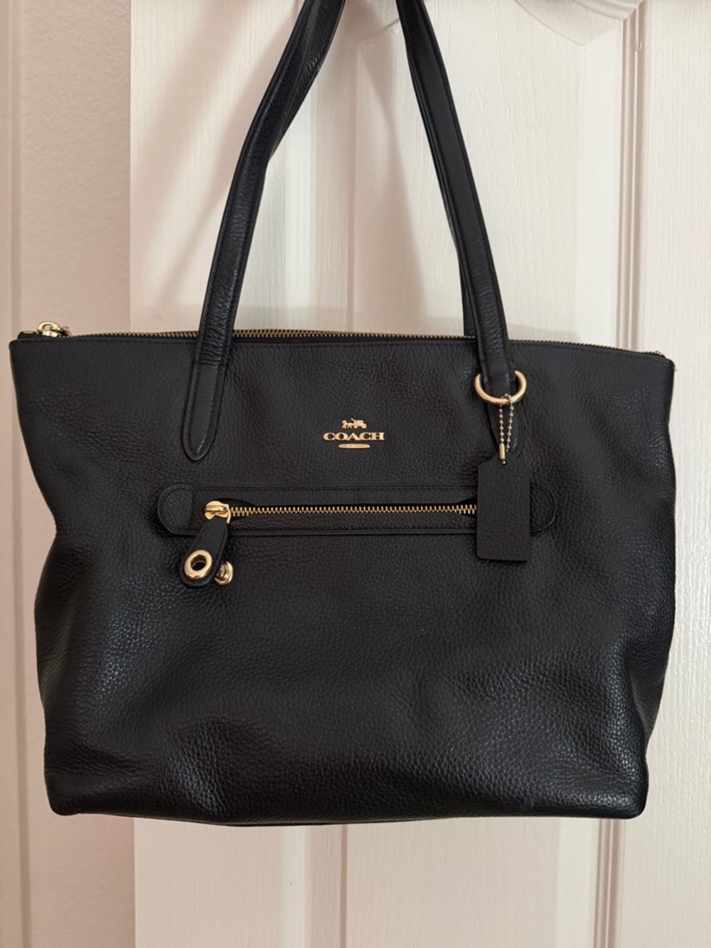 Coach Black Pebble Leather Tote with Gold Accents